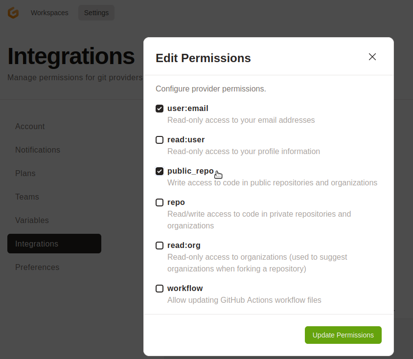 Opening Gitpod's settings in their code
editor.